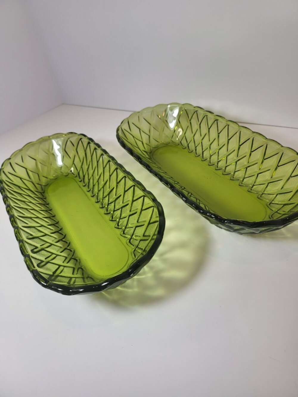 Vintage Avocado Green Glass Celery Dishes Set of 2,MCM Olive Green Serving Bowls